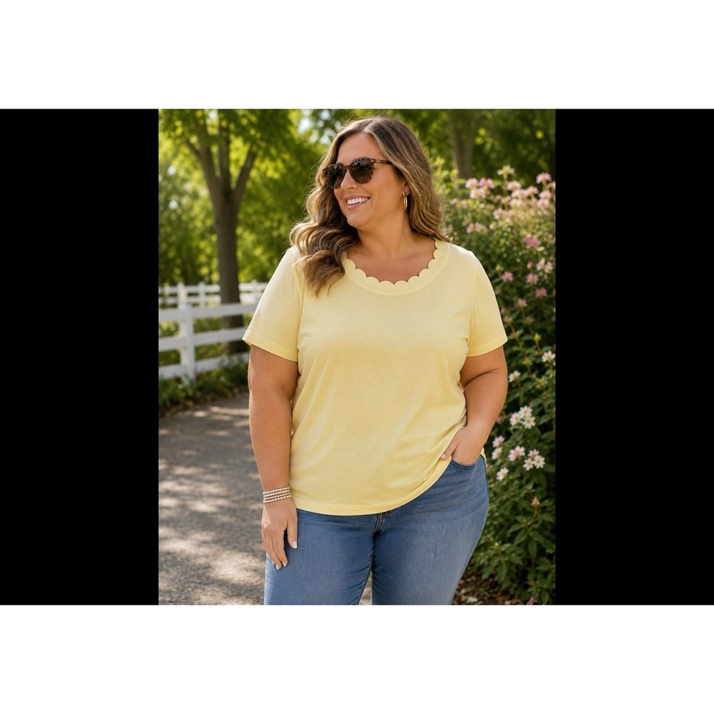 Talbots Size 1X Yellow Scallop Neck Pima Cotton Women Blouse Top Short Sleeve
